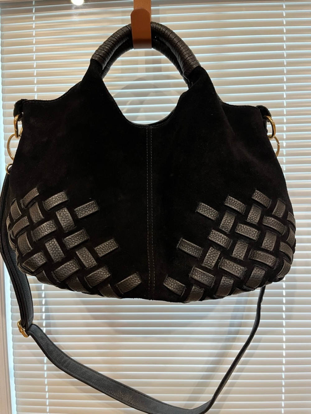 Classic Black Woven Top Handle Bag with Gold Hardware